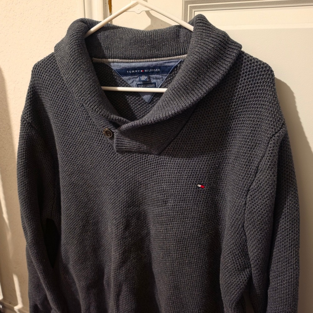 Tommy Hilfiger Mens XXL Shawl Collar Sweater Pima Cotton Merino Wool Grey